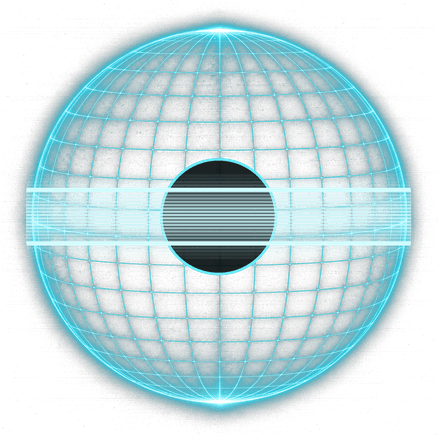 Camera A: a wireframe sphere with one continuous band across it, the probe that changes nothing